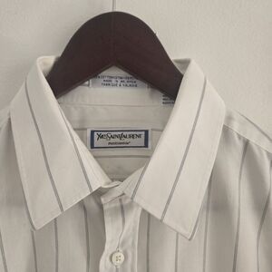 Yves Saint Laurent White Cotton Dress Shirt with Gray Pinstripes
